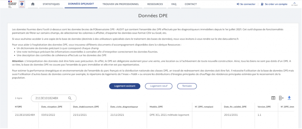 Moteur de recherche des DPE officiels de l’ADEME