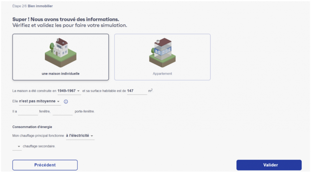 Informations pré remplies à valider et informations à compléter suite à la saisie de l’adresse postale - simulateur énergétique ecoclik Renov de namR